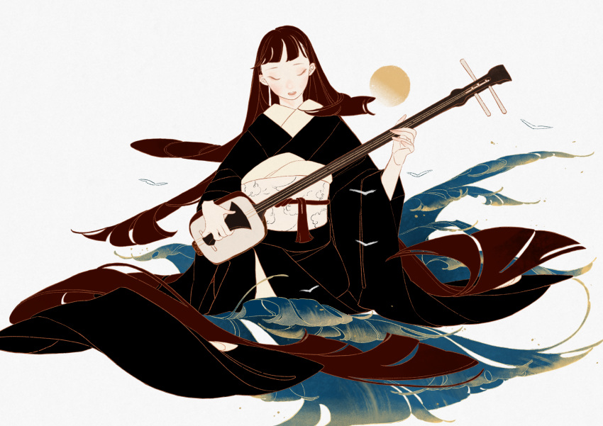 1girl absurdres bachi black_kimono blunt_bangs blunt_ends brown_hair closed_eyes commentary_request facing_viewer full_body highres holding holding_plectrum instrument japanese_clothes kimono long_hair music obi obiage original playing_instrument plectrum sash shamisen singing sitting surie very_long_hair white_background wide_sleeves