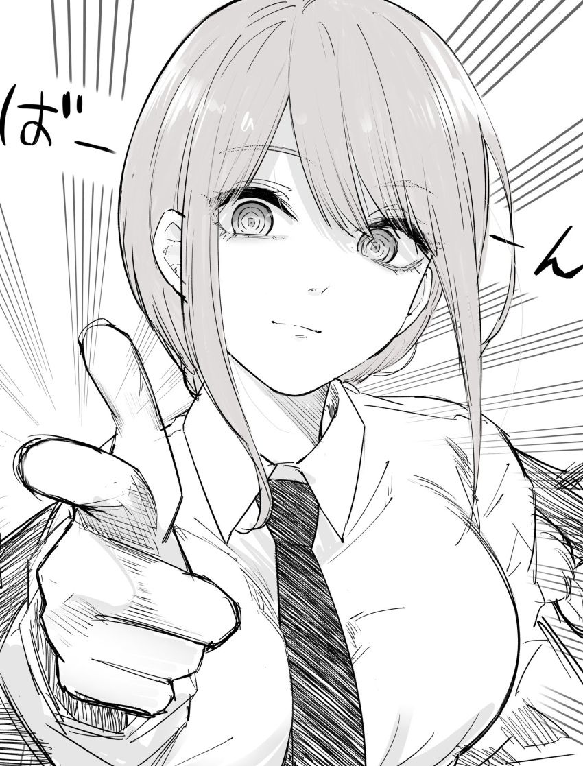 1girl between_breasts breasts chainsaw_man closed_mouth commentary dress_shirt emphasis_lines eyelashes eyes_visible_through_hair finger_gun foreshortening hair_between_eyes highres large_breasts light_smile looking_at_viewer makima_(chainsaw_man) mame1645 medium_hair monochrome necktie necktie_between_breasts pointing pointing_at_viewer ringed_eyes shirt simple_background solo sound_effects straight-on straight_hair swept_bangs upper_body white_background