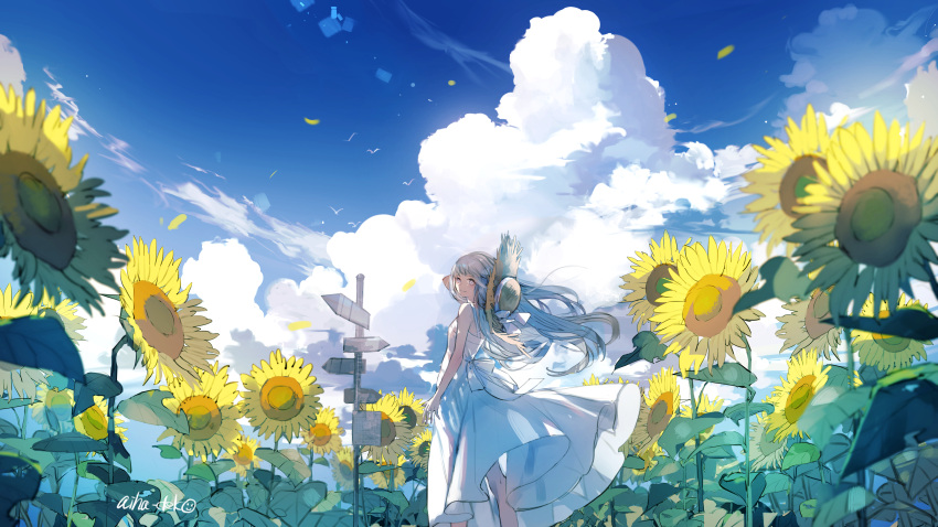 1girl absurdres aiha-deko arm_up bare_arms blue_sky clouds commentary_request cumulonimbus_cloud day dress field flower flower_field grey_eyes grey_hair hat highres long_hair looking_at_viewer looking_back original outdoors petals sign signature sky sleeveless sleeveless_dress smile solo standing straw_hat summer sun_hat sunflower white_dress