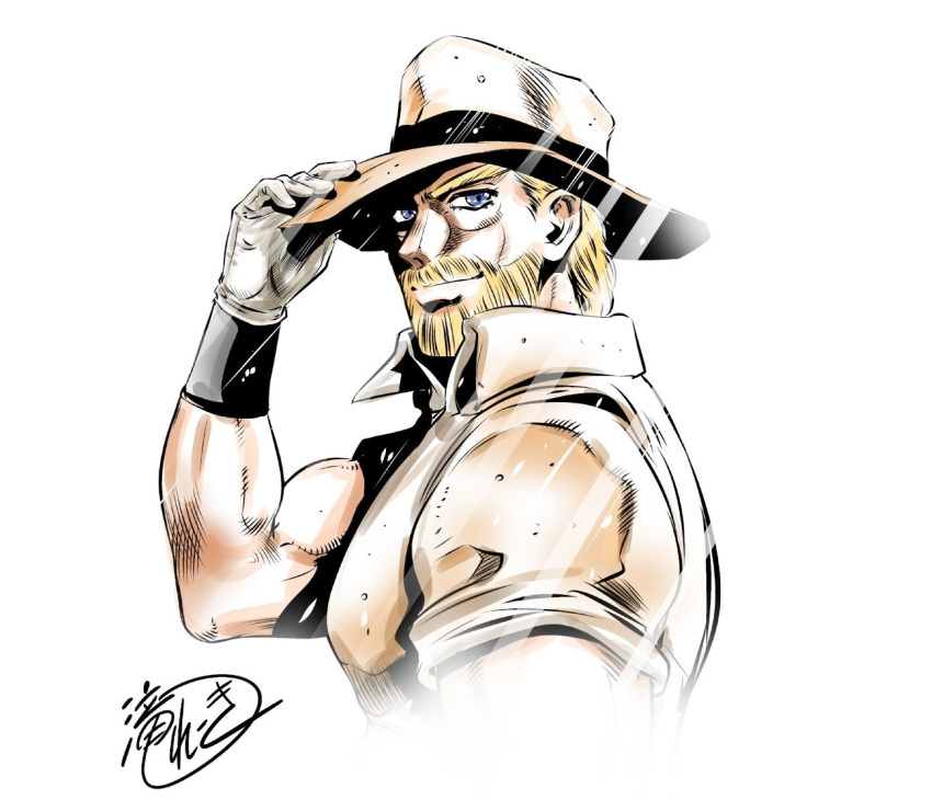 1boy beard blonde_hair blue_eyes commentary_request cowboy_shot facial_hair from_side gloves hat_tip jojo_no_kimyou_na_bouken joseph_joestar joseph_joestar_(old) male_focus mature_male muscular muscular_male signature solo stardust_crusaders taki_reki underwear white_gloves