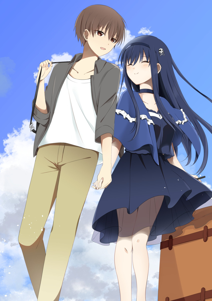1boy 1girl ^_^ absurdres arm_at_side black_choker black_dress blue_capelet blue_sky blush brown_eyes brown_hair capelet choker cleavage_cutout closed_eyes closed_mouth clothing_cutout clouds commentary couple cover cover_page day doujin_cover dress feet_out_of_frame floating_clothes floating_hair frilled_capelet frills grey_jacket hair_between_eyes hair_ornament hand_up happy hetero highres holding_hands jacket kushima_kamome long_hair long_sleeves looking_at_another open_clothes open_jacket open_mouth outdoors shirt short_hair sidelocks skull_and_crossbones skull_hair_ornament sky smile standing straight-on straight_hair suitcase summer_pockets takahara_hairi very_long_hair white_shirt yutori_z71