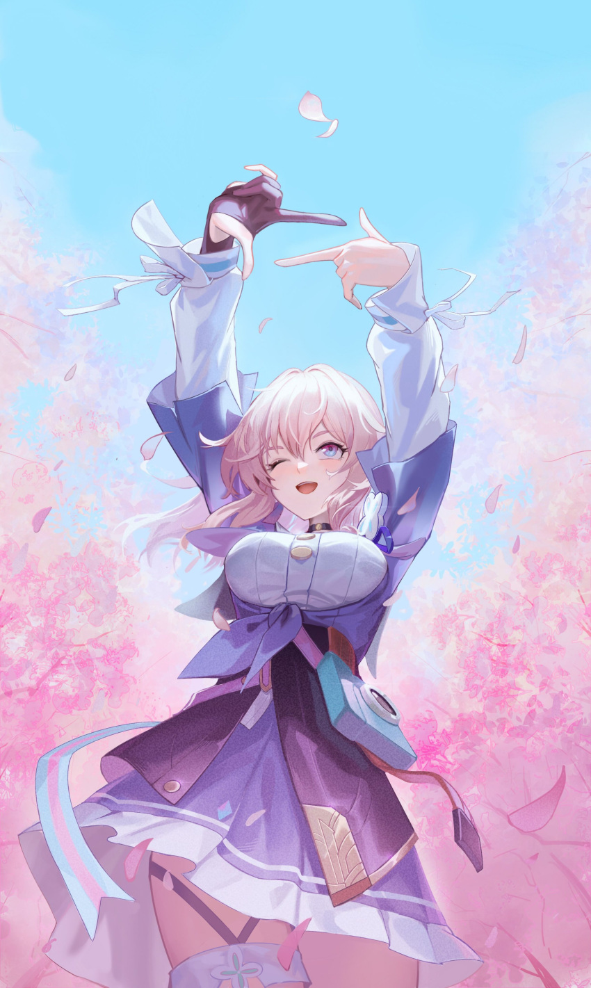 1girl ;d absurdres archery_shooting_glove black_choker black_corset black_gloves blue_eyes blue_jacket blue_skirt blue_sky breasts camera cherry_blossoms choker corset cowboy_shot falling_petals finger_frame gloves highres honkai:_star_rail honkai_(series) jacket long_sleeves march_7th_(honkai:_star_rail) medium_breasts medium_hair one_eye_closed partially_fingerless_gloves petals pink_eyes pink_hair pleated_skirt shirt single_glove skirt sky smile solo teeth thigh_strap two-tone_eyes upper_teeth_only white_shirt yal_(lily910218)