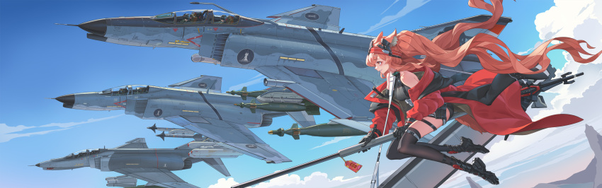 1girl 6+others absurdres aircraft airplane angelina_(arknights) angelina_(distinguished_visitor)_(arknights) animal_ears arknights bare_shoulders black_bodysuit black_footwear black_thighhighs blue_sky bodysuit breasts brown_hair f-4_phantom_ii fighter_jet floating_hair flying fox_ears hairband highres jacket jet military_vehicle missile multiple_others open_clothes open_jacket orange_eyes outdoors red_hairband red_jacket rhodes_island_logo sima_naoteng sky thigh-highs