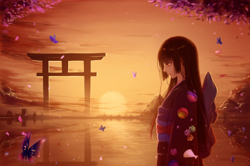 1girl backlighting black_hair bug butterfly cherry_blossoms chinese_commentary clouds commentary_request cowboy_shot enma_ai falling_petals from_side highres huhv. japanese_clothes jigoku_shoujo kimono long_hair obi orange_sky petals print_kimono profile red_eyes sash sky solo sun sunset torii water