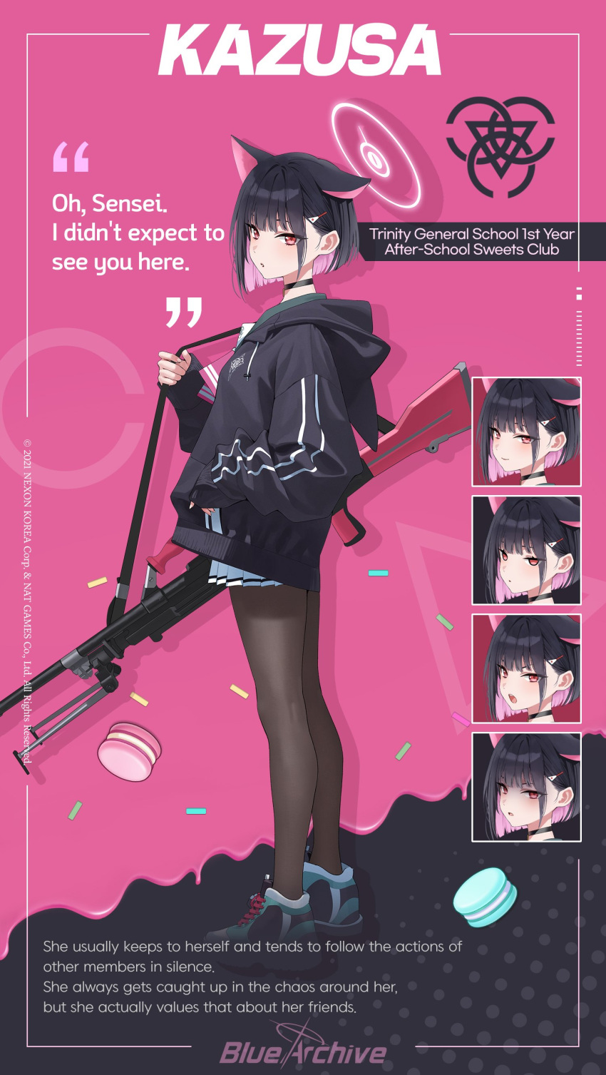 1girl absurdres animal_ears blue_archive bren_lmg cat_ears colored_inner_hair full_body gun hair_ornament hairclip halo highres jacket kazusa_(blue_archive) light_machine_gun looking_at_viewer machine_gun mimoza_(96mimo414) multicolored_hair official_art pantyhose red_eyes school_uniform shoes short_hair solo standing weapon