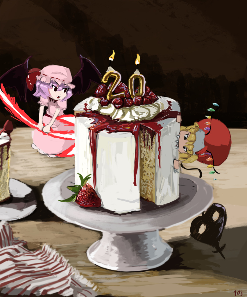 2girls absurdres bat_wings birthday_cake biting black_eyes blonde_hair brown_background cake cake_stand candle chibi cloth commentary crystal danlamdae dress fang flandre_scarlet flying food frilled_sleeves frills fruit hat hat_ribbon highres laevatein_(touhou) mob_cap multiple_girls open_mouth pink_dress plate puffy_short_sleeves puffy_sleeves purple_hair red_ribbon red_skirt remilia_scarlet ribbon sharp_teeth short_hair short_sleeves skirt smile spear_the_gungnir strawberry table teeth touhou white_headwear wings wooden_table