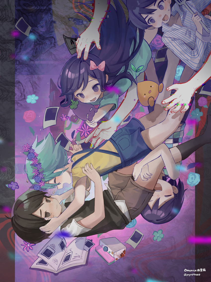 1girl 4boys :d ^_^ absurdres aqua_flower artist_name aubrey_(omori) basil_(omori) black_eyes black_hair black_socks black_vest blue_flower blue_shorts blush book bow brown_shorts camera closed_eyes closed_mouth collared_shirt commentary_request denim denim_shorts disembodied_limb dress english_commentary flower flower_wreath glitch green_dress green_flower green_hair hair_between_eyes hair_bow hand_up hands_on_another's_cheeks hands_on_another's_face head_wreath hero_(omori) highres holding holding_spatula holding_stuffed_toy hugging_another's_leg kel_(omori) kneehighs long_hair long_sleeves looking_at_another medium_hair mixed-language_commentary mr._plantegg_(omori) multicolored_background multicolored_clothes multicolored_shirt multiple_boys omori omurice_(roza4957) open_book open_mouth parted_bangs photo_(object) pink_bow pink_flower popped_collar purple_background purple_flower shirt short_hair short_sleeves shorts simple_background sleeveless sleeveless_shirt smile socks solid_circle_eyes spatula sprout_mole striped striped_shirt stuffed_toy sunny_(omori) suspender_shorts suspenders sweatdrop swept_bangs tearing_up teeth twitter_username upper_teeth_only upside-down vertical-striped_shirt vertical_stripes vest violet_eyes white_shirt wide-eyed yellow_shirt