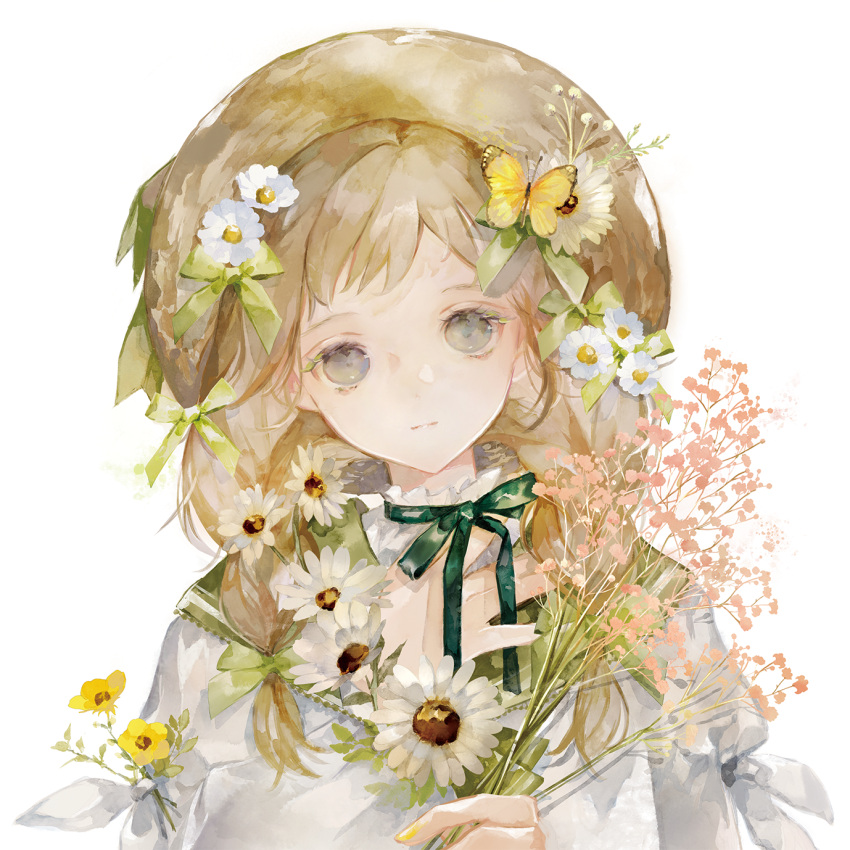 1girl :| bow bowtie brown_hair brown_headwear butterfly_hair_ornament closed_mouth commentary daisy expressionless flower green_bow green_bowtie green_sailor_collar grey_eyes hair_flower hair_ornament hat highres holding holding_flower long_bangs long_hair looking_at_viewer niwa_haruki original sailor_collar school_uniform serafuku shirt sidelocks simple_background solo straight-on straw_hat symbol-only_commentary upper_body white_background white_flower white_shirt yellow_flower