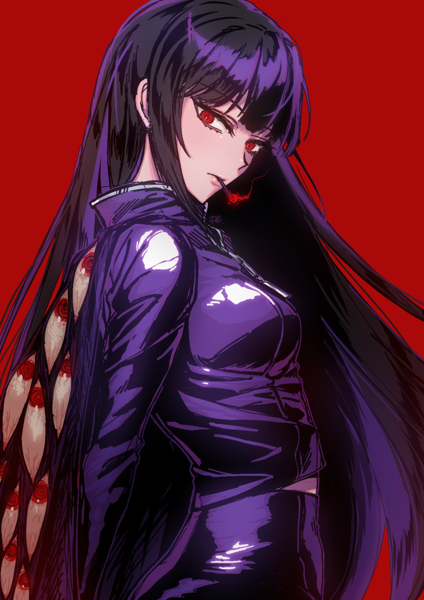 1girl black_hair cape commentary_request highres jacket limbus_company long_hair looking_at_viewer pants paulandcookie project_moon purple_cape purple_jacket purple_pants red_background red_eyes ryoshu_(limbus_company) sidelocks signature simple_background smoking solo straight_hair too_many_eyes track_jacket very_long_hair