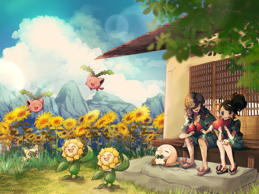 1boy 1girl arven_(pokemon) blue_sky brown_eyes brown_hair building clouds eating flower food fruit grass highres holding holding_food hoppip juliana_(pokemon) marie_(marie_cookie222) open_mouth outdoors pokemon pokemon_(creature) pokemon_(game) pokemon_sv rowlet sitting sky sprigatito sunflora sunflower watermelon watermelon_slice yellow_flower