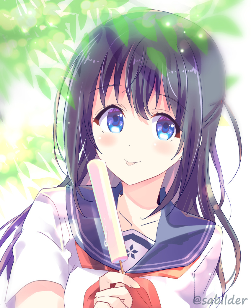 1girl :p arm_at_side black_hair black_sailor_collar blue_eyes blush branch breasts closed_mouth collarbone dot_nose food hair_between_eyes highres holding holding_food holding_popsicle idoly_pride incoming_food leaf long_hair looking_at_viewer medium_breasts nagase_mana neckerchief one_side_up popsicle raised_eyebrows red_neckerchief sabi_(sabilder) sailor_collar school_uniform serafuku shirt short_sleeves sidelocks simple_background smile solo straight_hair tongue tongue_out upper_body white_background white_shirt