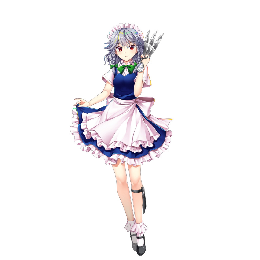 1girl apron black_footwear blue_dress braid closed_mouth dress embodiment_of_scarlet_devil full_body game_cg grey_hair highres holding holding_knife izayoi_sakuya knife looking_at_viewer maid maid_headdress red_eyes rotte_(1109) short_hair short_sleeves side_braids simple_background smile socks solo third-party_source touhou touhou_lost_word twin_braids waist_apron white_apron white_background white_socks