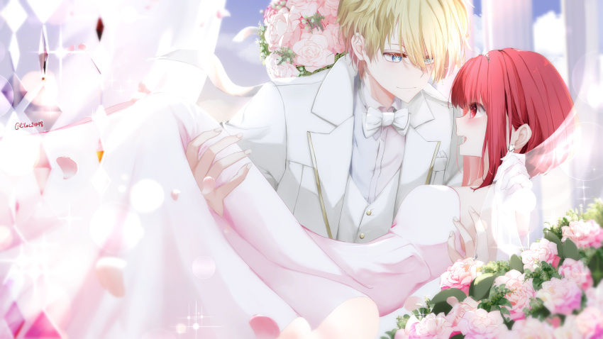 1boy 1girl absurdres arima_kana blonde_hair blue_eyes blush bob_cut bouquet bow bowtie carrying closed_mouth commentary couple dress dress_shirt earrings english_commentary eye_contact falling_petals feet_out_of_frame flower hair_between_eyes hetero highres hoshino_aquamarine inverted_bob jacket jewelry lilac10 looking_at_another medium_hair open_mouth oshi_no_ko petals pink_flower pink_rose princess_carry red_eyes rose see-through shirt short_hair sidelocks sparkle star-shaped_pupils star_(symbol) strapless strapless_dress symbol-shaped_pupils tiara twitter_username upper_body vest wedding wedding_dress white_bow white_bowtie white_dress white_flower white_jacket white_rose white_shirt white_vest
