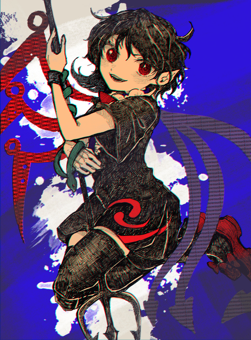 1girl asymmetrical_wings black_dress black_hair black_thighhighs blue_wings dress full_body highres holding holding_polearm holding_weapon houjuu_nue itomugi-kun open_mouth pointy_ears polearm red_eyes red_wings short_hair short_sleeves solo thigh-highs touhou trident weapon wings
