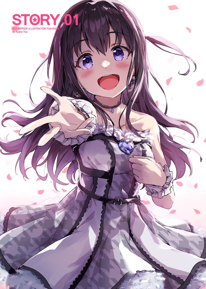 1girl :d absurdres ayano_yuu_(sonma_1426) birthday black_hair blue_eyes blush dress happy_birthday highres idol idoly_pride jewelry long_hair looking_at_viewer nagase_mana open_mouth skirt sleeveless smile solo