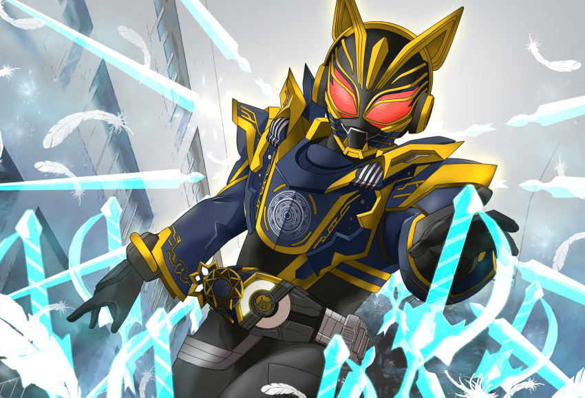 1girl black_bodysuit black_gloves blue_armor blue_sleeves bodysuit commentary contrapposto driver_(kamen_rider) fangs fantasy_buckle fingernails foreshortening gloves glowing glowing_eyes gold_trim highres horns id_core incoming_attack kamen_rider kamen_rider_geats_(series) kamen_rider_na-go looking_at_viewer magic miyabi_(037) open_hands raise_buckle red_eyes rider_belt tokusatsu upper_body