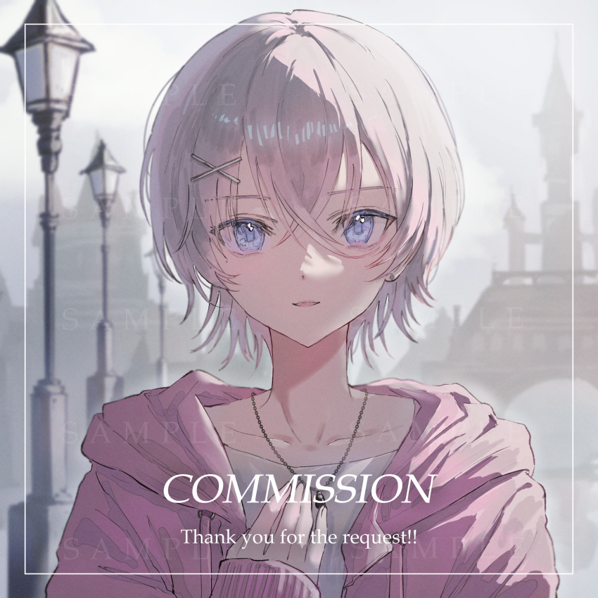 1boy androgynous blue_eyes border collarbone commission day drawstring english_text grey_hair hair_between_eyes hair_ornament hand_on_own_chest highres hood hood_down hoodie jewelry kumagai_yuka lamppost looking_at_viewer male_focus open_mouth original outdoors overcast pendant pink_hoodie shirt short_hair sidelocks sky smile solo straight-on upper_body white_border white_shirt x_hair_ornament