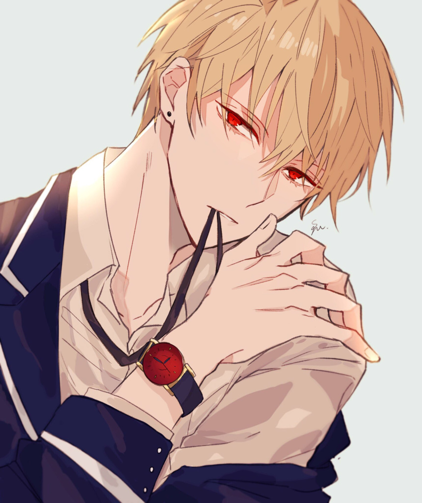 1boy biting blonde_hair collared_shirt commentary_request earrings fate/grand_order fate_(series) gilgamesh_(fate) hand_up highres jewelry lapels long_sleeves looking_at_viewer male_focus notched_lapels red_eyes shirt short_hair shu_(oshigoto_boshuuchuu) signature simple_background solo teeth upper_body watch watch white_shirt