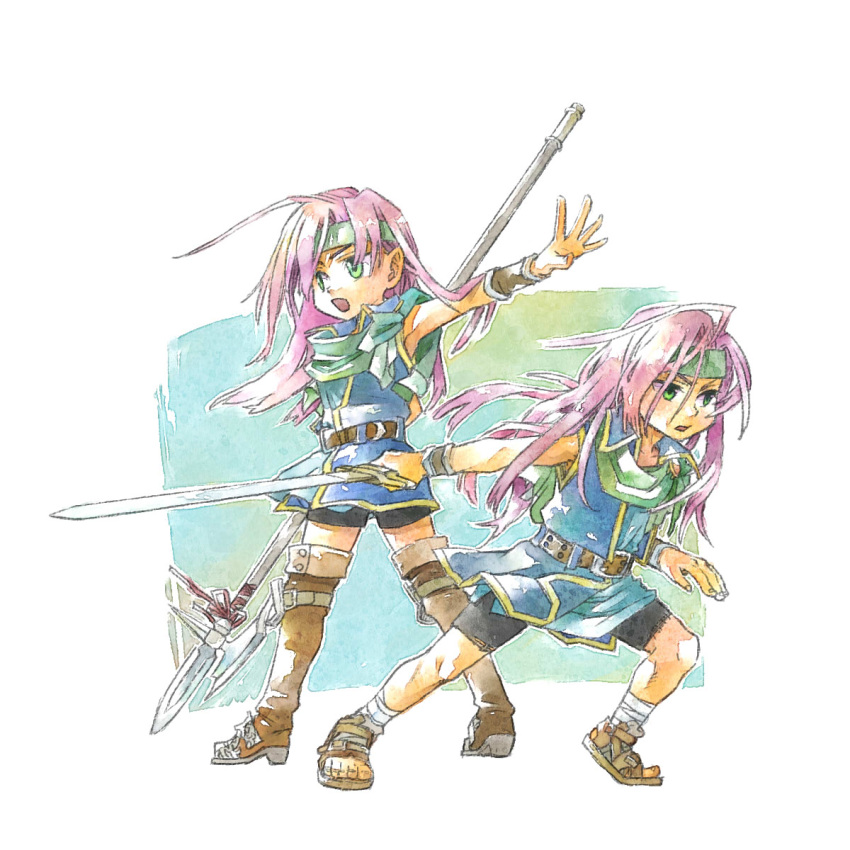2girls back-to-back boots eggru faris_scherwiz fighting_stance final_fantasy final_fantasy_v green_eyes green_scarf headband highres holding holding_polearm holding_sword holding_weapon long_hair multiple_girls open_mouth pirate polearm purple_hair sandals scarf spear sword thigh_boots weapon
