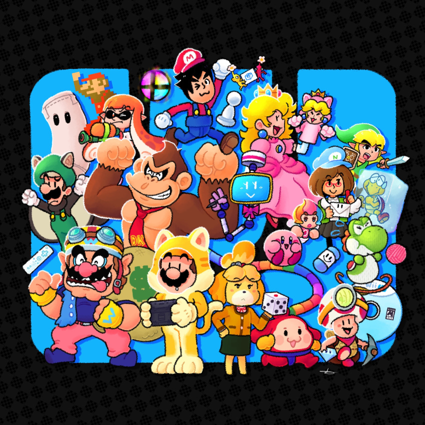 6+boys 6+girls :o absurdres amiibo animal_crossing animal_ears arms_up backpack bag bell belt belt_buckle big_nose black_background black_eyes black_leggings black_shirt black_skirt blonde_hair blue_eyes blue_footwear blue_headwear blue_overalls blue_shirt blush_stickers bow bowtie brown_bag brown_belt brown_footwear brown_hair buckle buttons cabbie_hat captain_toad cat_mario cat_peach character_request clenched_hand clenched_hands closed_mouth collared_shirt colored_eyelashes colored_skin controller cosplay crown dancing denim denim_jacket diamond_(gemstone) donkey_kong dress earrings elbow_gloves elline_(kirby) envelope facial_hair fairy_wings fingerless_gloves flower flying_squirrel_luigi flying_sweatdrops frown frozen furry furry_female furry_male game_console game_controller gem glasses gloves goggles goggles_on_headwear green_headwear green_jacket green_overalls green_shirt green_tunic gun half-closed_eyes hand_on_own_hip hand_puppet hat headlamp helmet high_heels highres holding holding_controller holding_dice holding_envelope holding_game_controller holding_gem holding_gun holding_pencil holding_pickaxe holding_sack holding_shield holding_sword holding_weapon inkling inkling_girl isabelle_(animal_crossing) jacket jewelry jingle_bell jradical2014 kirby kirby_(series) kirby_and_the_rainbow_curse koopa_troopa leggings letter light_frown link lipstick long_dress long_hair long_sleeves luigi makeup mario mario_(cosplay) mechanical_arms mii_(nintendo) miiverse miniskirt money_bag multicolored_hair multiple_boys multiple_girls mustache neckerchief necktie new_super_mario_bros._u nikki_(swapnote) nintendo open_clothes open_jacket open_mouth orange_hair overalls pants pencil pickaxe pikmin_(creature) pikmin_(series) pikmin_3 pink_dress pink_lips pink_nose pink_pants pink_shirt pocket pointing pointing_at_self pointy_ears pointy_footwear pointy_hat princess_peach puffy_cheeks puppet rainbow_hair raised_eyebrow red-framed_eyewear red_belt red_bow red_bowtie red_footwear red_headwear red_neckerchief red_necktie red_pikmin red_shirt red_skin robot round_eyewear sack shield shirt shoes short_hair short_ponytail short_sleeves signature single_mechanical_arm skirt smash_ball solid_oval_eyes sphere_earrings splatoon_(series) splatoon_1 squirrel_ears super_mario_3d_world super_mario_bros. super_smash_bros. swapnote sweatdrop sword teeth thick_eyebrows tongue toon_link turtle turtleneck twintails upper_teeth_only v-shaped_eyes walking wario warioware weapon weapon_request white_flower white_gloves white_shirt white_wings wii_u wii_u_gamepad wings writing yarn yarn_ball yellow_gloves yellow_headwear yellow_jacket yellow_pikmin yellow_skin yoshi yoshi's_woolly_world