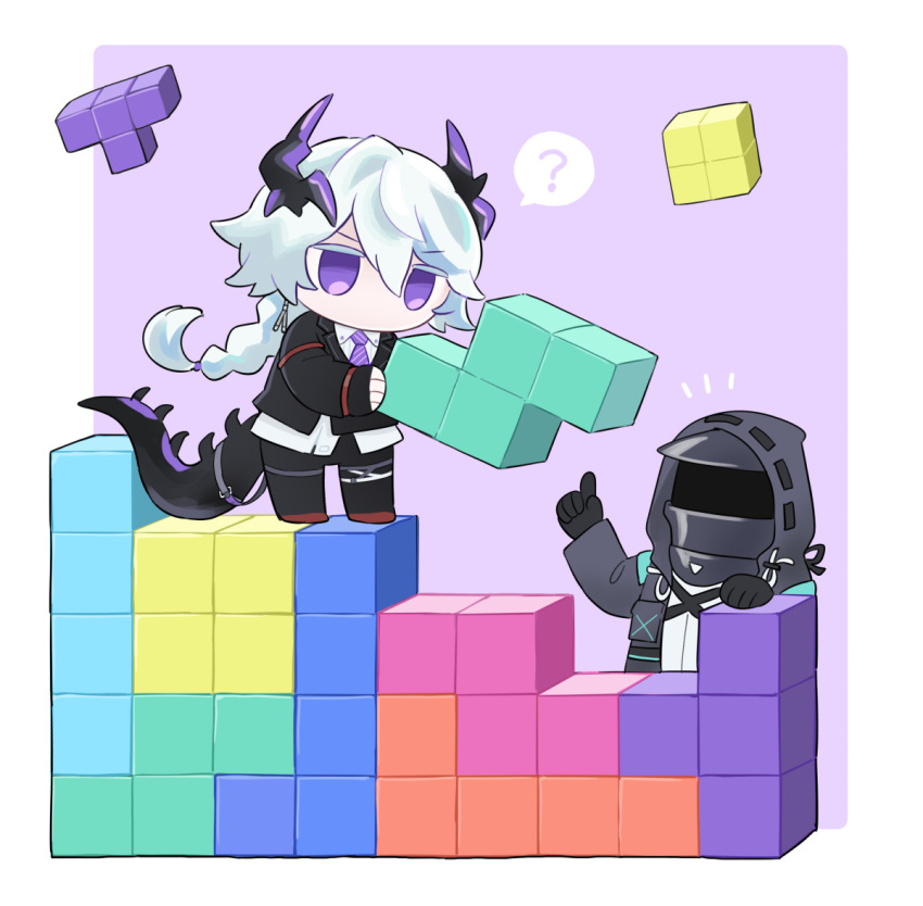 1boy 1other ? arknights black_gloves black_suit block_(object) border chibi collared_shirt commentary doctor_(arknights) dragon_boy dragon_horns dragon_tail empty_eyes english_commentary full_body gloves grey_hair hood hood_up hooded_jacket horns jacket long_hair mask necktie playing_games purple_background purple_necktie puzzle_(arknights) shirt simple_background soppos speech_bubble spoken_question_mark suit tail tail_belt tetris torn_clothes violet_eyes white_shirt