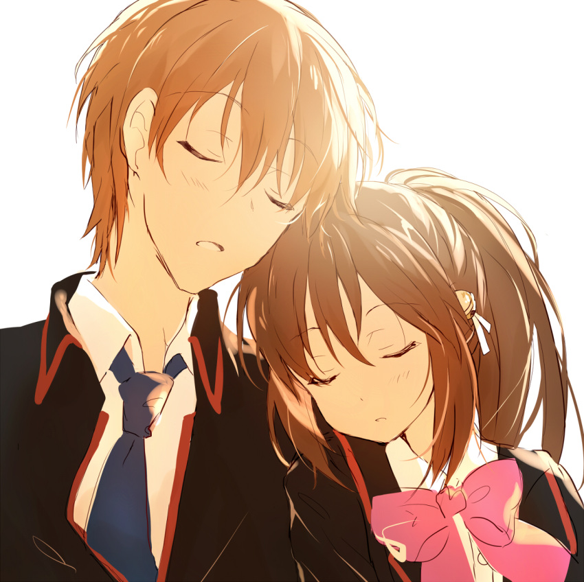 1boy 1girl ardbf bell black_jacket blue_necktie bow brother_and_sister brown_hair closed_eyes collared_shirt commentary eyelashes hair_bell hair_between_eyes hair_ornament hair_ribbon head_on_another's_shoulder heads_together jacket light_blush little_busters! long_hair natsume_kyousuke natsume_rin necktie open_mouth pink_bow ponytail ribbon school_uniform shirt short_hair siblings side-by-side sidelighting simple_background sketch sleeping upper_body white_background white_ribbon white_shirt