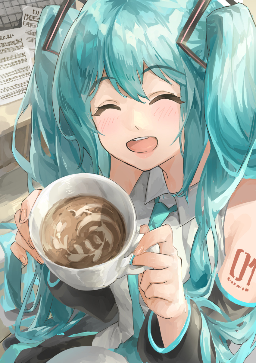 1girl aqua_hair bare_shoulders beamed_eighth_notes black_sleeves closed_eyes coffee commentary cup detached_sleeves foreshortening from_above hair_ornament hatsune_miku highres himukai_aoi holding holding_cup keyboard_(computer) latte_art lips long_hair looking_at_viewer musical_note necktie open_mouth quarter_note sheet_music shirt shoulder_tattoo sleeveless sleeveless_shirt smile solo tattoo teacup teeth twintails upper_teeth_only variant_set very_long_hair vocaloid white_shirt