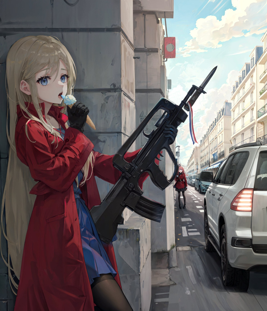 1girl assault_rifle bayonet blonde_hair blue_dress blue_eyes bullpup car coat commentary day dress english_commentary famas famas_(girls'_frontline) food girls_frontline greyscale gun highres holding holding_food holding_gun holding_ice_cream holding_weapon ice_cream long_hair long_sleeves monochrome motor_vehicle open_clothes open_coat open_mouth outdoors red_coat rifle solo standing takemori_kohoto very_long_hair weapon