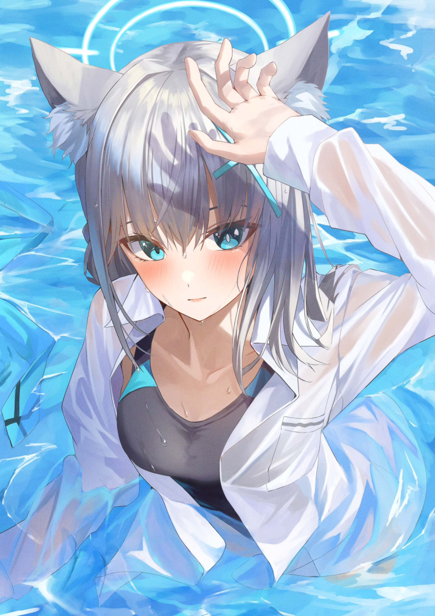 1girl animal_ear_fluff animal_ears arm_up black_one-piece_swimsuit blue_archive blue_eyes blue_halo blush breasts chakuma_(yiyh1468) competition_swimsuit cross_hair_ornament grey_hair hair_ornament halo highres in_water looking_at_viewer medium_breasts medium_hair mismatched_pupils multicolored_clothes multicolored_swimsuit official_alternate_costume one-piece_swimsuit shiroko_(blue_archive) shiroko_(swimsuit)_(blue_archive) shirt solo swimsuit two-tone_swimsuit wet wet_clothes wet_swimsuit white_shirt wolf_ears