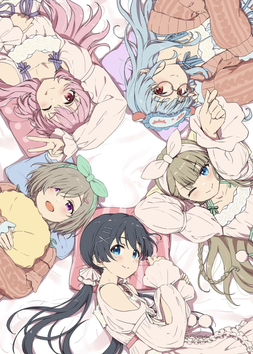5girls akazaki_kokoro aran_sweater arm_behind_head arm_up ayano_yuu_(sonma_1426) black_hair blonde_hair blue_eyes blue_hair blush bow cable_knit closed_mouth clothing_cutout collarbone dot_nose eyewear_on_head from_above glasses green_bow green_hairband grey_hair hair_bow hair_ornament hairband hairclip highres hyodou_shizuku idoly_pride long_bangs long_hair long_sleeves looking_at_viewer low_twintails lying multiple_girls narumiya_suzu object_hug okuyama_sumire on_back on_bed on_side one_eye_closed outstretched_arm parted_bangs pillow pillow_hug pink_eyes pink_hair pink_shirt puffy_long_sleeves puffy_sleeves raised_eyebrows red_eyes red_sweater round_eyewear shiraishi_chisa shirt short_hair shoulder_cutout sidelocks sleep_mask sleeves_past_wrists smile sweater twintails v v-shaped_eyebrows violet_eyes x_hair_ornament