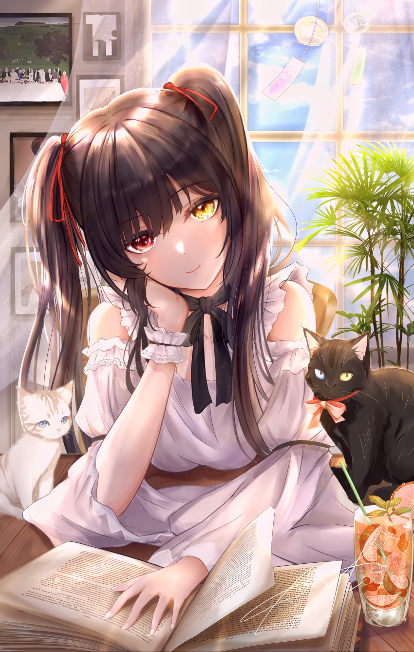 1girl absurdres animal black_hair book cat clock_eyes closed_mouth commentary_request date_a_live drink gxws head_rest heterochromia highres indoors long_hair looking_at_viewer red_eyes smile symbol-shaped_pupils tokisaki_kurumi twintails window yellow_eyes