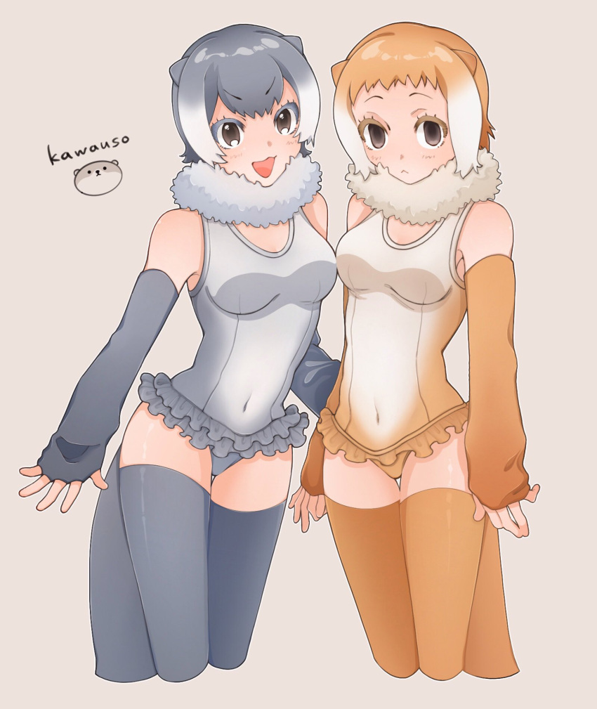 2girls 7ss_dom :&lt; :3 animal_ears bare_shoulders blush brown_eyes brown_gloves brown_one-piece_swimsuit brown_thighhighs cowboy_shot elbow_gloves fingerless_gloves frilled_one-piece_swimsuit frills fur_collar gloves grey_fur grey_gloves grey_hair grey_one-piece_swimsuit grey_thighhighs hair_between_eyes highres japanese_otter_(kemono_friends) kemono_friends light_brown_hair multicolored_hair multiple_girls navel one-piece_swimsuit open_mouth otter_ears otter_girl otter_tail short_hair sidelocks small-clawed_otter_(kemono_friends) swimsuit tail thigh-highs two-tone_hair two-tone_one-piece_swimsuit white_fur white_hair white_one-piece_swimsuit