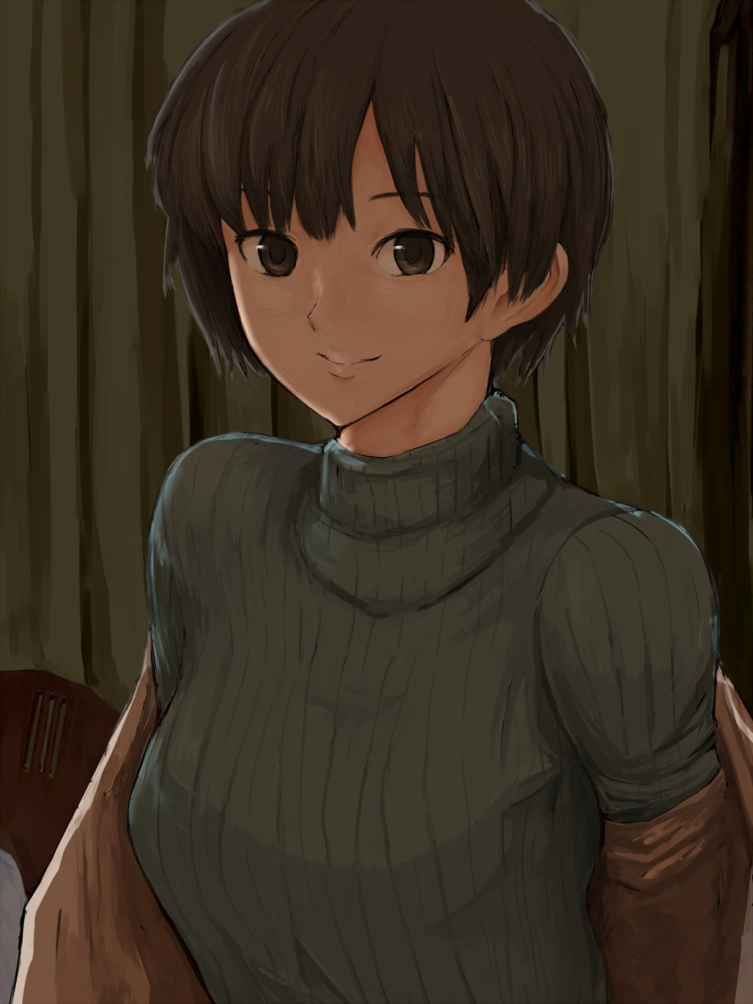 1girl aged_up alternate_hair_length alternate_hairstyle amagami ayatsuji_tsukasa black_hair breasts brown_eyes brown_jacket casual close-up closed_mouth commentary curtains grey_sweater highres indoors jacket large_breasts light_smile long_sleeves looking_at_viewer off_shoulder ribbed_sweater saitou_shouki short_hair smile solo sweater turtleneck turtleneck_sweater upper_body very_short_hair