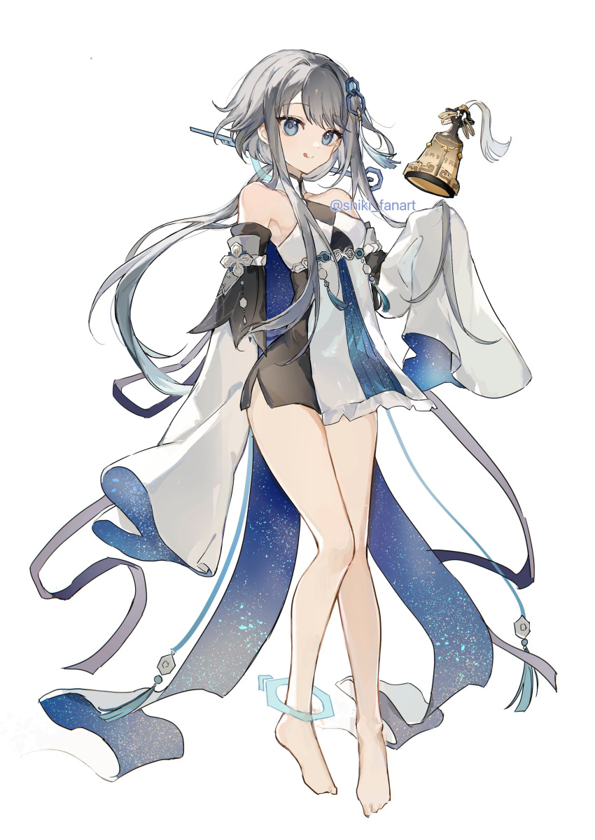1girl absurdres artist_name bare_shoulders barefoot bell black_dress blue_eyes blue_sky breasts closed_mouth collarbone detached_sleeves dress full_body genshin_impact grey_hair guizhong_(genshin_impact) hair_ornament hand_up highres long_hair long_sleeves looking_at_viewer mandarin_collar medium_breasts night night_sky ponytail shiki_fanart short_dress sidelocks simple_background sky sky_print smile solo standing starry_sky_print tassel tassel_hair_ornament tongue tongue_out two-tone_dress white_background white_dress wide_sleeves