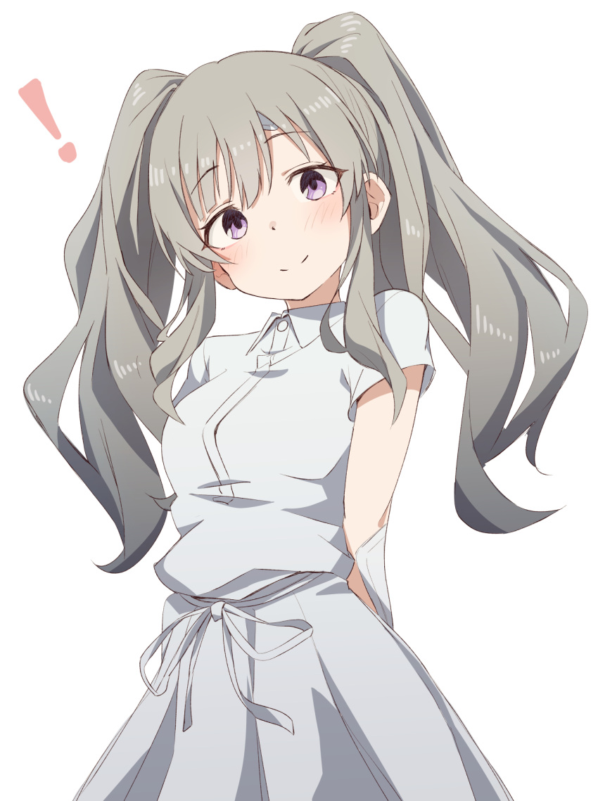 ! 1girl arms_behind_back blush closed_mouth collared_dress commentary_request cowboy_shot dress eito12 grey_hair hair_between_eyes head_tilt highres idolmaster idolmaster_shiny_colors long_hair looking_at_viewer short_sleeves sidelocks simple_background smile solo standing twintails violet_eyes wavy_hair white_background white_dress yukoku_kiriko