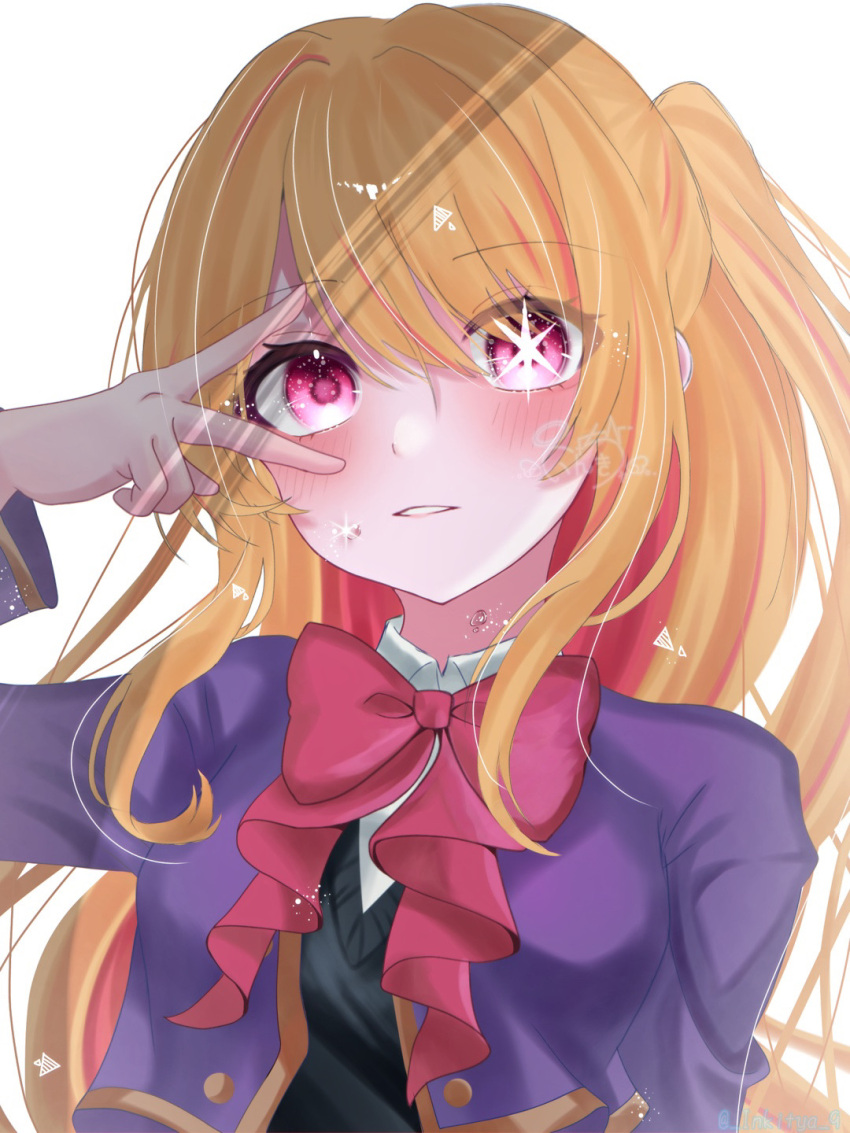 1girl black_sweater_vest blonde_hair blue_jacket blush bow bowtie breasts collared_shirt commentary_request cropped_jacket hair_between_eyes highres hoshino_ruby inkitya jacket light_particles long_hair long_sleeves looking_at_viewer mismatched_pupils one_side_up open_clothes open_jacket oshi_no_ko parted_lips pink_bow pink_bowtie pink_eyes school_uniform shade shirt sidelocks signature simple_background small_breasts solo sparkle sparkling_eyes star-shaped_pupils star_(symbol) sweater_vest symbol-shaped_pupils upper_body v_over_eye white_background white_shirt youtou_high_school_uniform