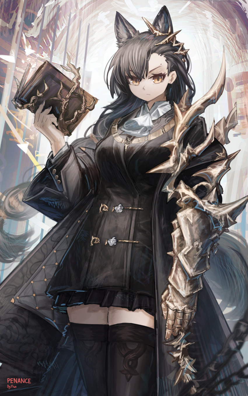 1girl absurdres animal_ears arknights ascot black_coat black_skirt black_thighhighs book breasts brown_eyes brown_hair chain coat cowboy_shot extra_ears franlol gauntlets highres holding holding_book layered_sleeves long_hair long_sleeves looking_at_viewer medium_breasts mole mole_above_mouth off_shoulder open_clothes open_coat penance_(arknights) single_gauntlet skirt solo thigh-highs v-shaped_eyebrows very_long_hair white_ascot wolf_ears wolf_girl
