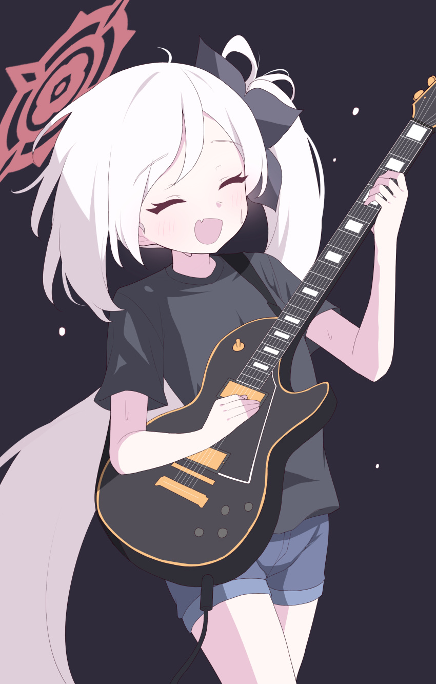1girl :d absurdres black_background black_shirt blue_archive blue_shorts blush closed_eyes cowboy_shot facing_viewer fang floating_hair forehead guitar hagoonha halo highres holding holding_instrument instrument legs_together long_hair music mutsuki_(blue_archive) open_mouth parted_bangs playing_instrument raised_eyebrows shirt short_shorts short_sleeves shorts side_ponytail sidelocks simple_background skin_fang smile solo sweatdrop t-shirt very_long_hair white_hair