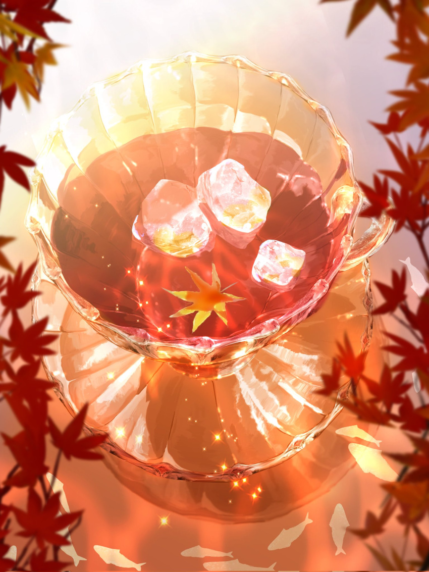 caustics cup drink fish food_focus highres ice ice_cube leaf makoron117117 maple_leaf no_humans original red_theme reflection saucer still_life teacup