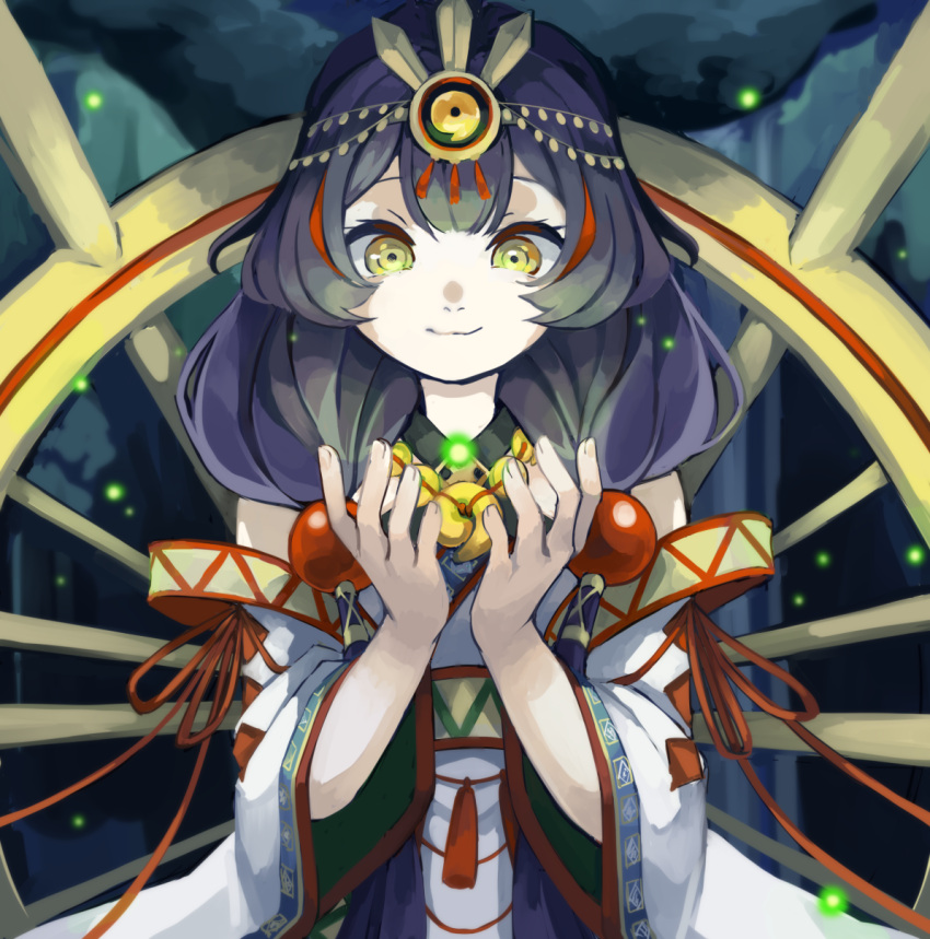 1girl beads blue_background blue_hair circlet closed_mouth dark hair_beads hair_ornament headwear_request highres japanese_clothes jewelry kimono long_sleeves looking_at_hands looking_down magatama magatama_necklace magia_record:_mahou_shoujo_madoka_magica_gaiden mahou_shoujo_madoka_magica moomoofoo necklace object_request sidelocks smile solo toyo_(magia_record) upper_body white_kimono yellow_eyes