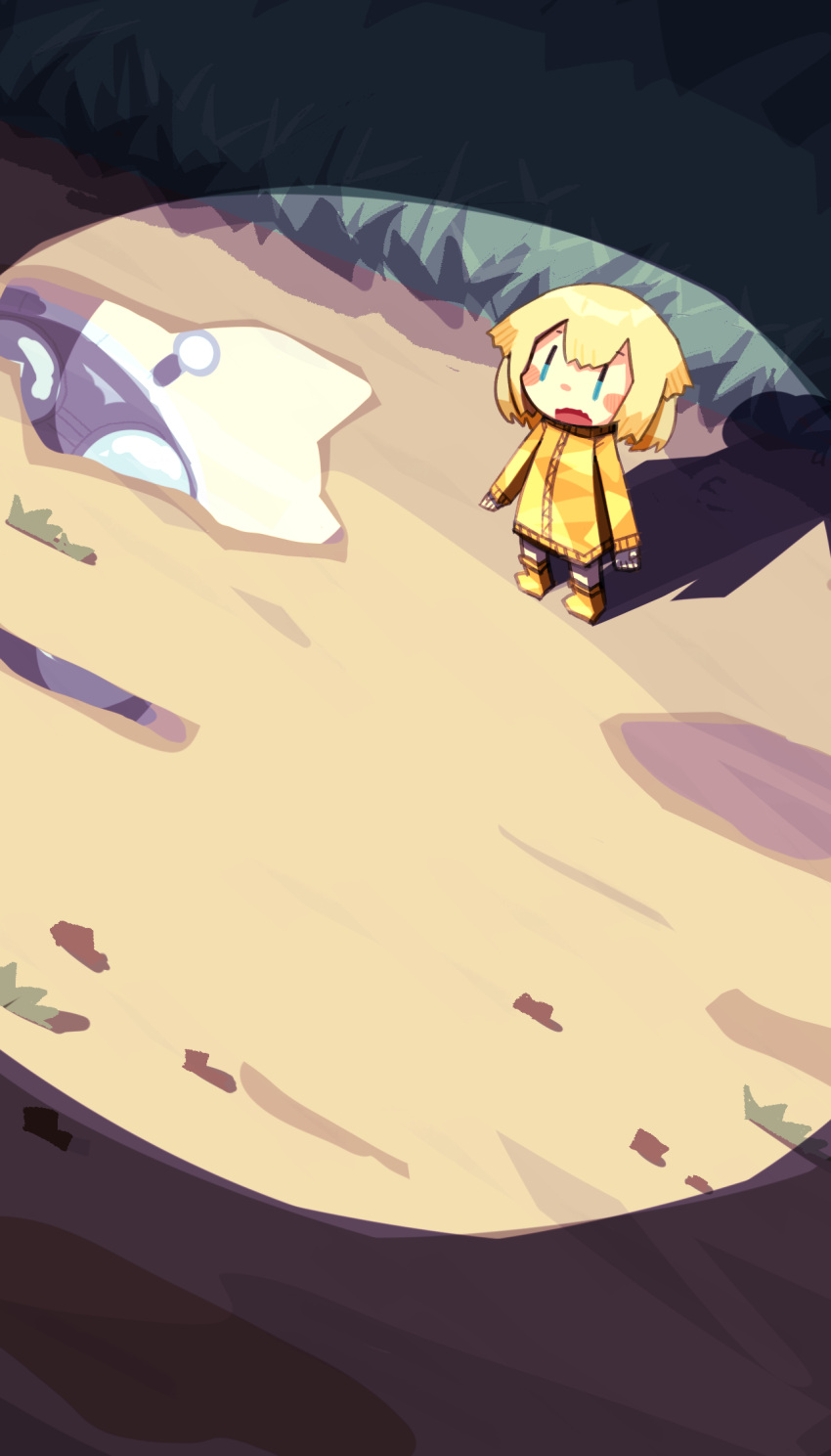 1girl blonde_hair blue_eyes blush_stickers boots buried cevio chibi coat colored_tips commentary_request dirt_road dutch_angle from_above hair_flaps highres konohoshi long_sleeves looking_up multicolored_hair multiple_sources one_(cevio) orange_hair road shadow solo spotlight standing ufo wavy_mouth wide_shot yellow_coat yellow_footwear |_|