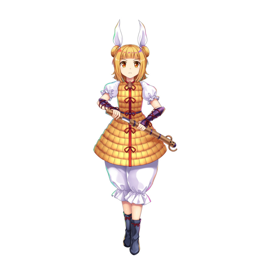 1girl armor armored_dress black_footwear blonde_hair closed_mouth double_bun dress full_body game_cg hair_bun hair_ribbon haniwa_(statue) highres holding holding_sword holding_weapon joutouguu_mayumi looking_at_viewer ribbon rotte_(1109) short_hair simple_background solo sword third-party_source touhou touhou_lost_word v-shaped_eyebrows vambraces weapon white_background white_ribbon yellow_dress yellow_eyes