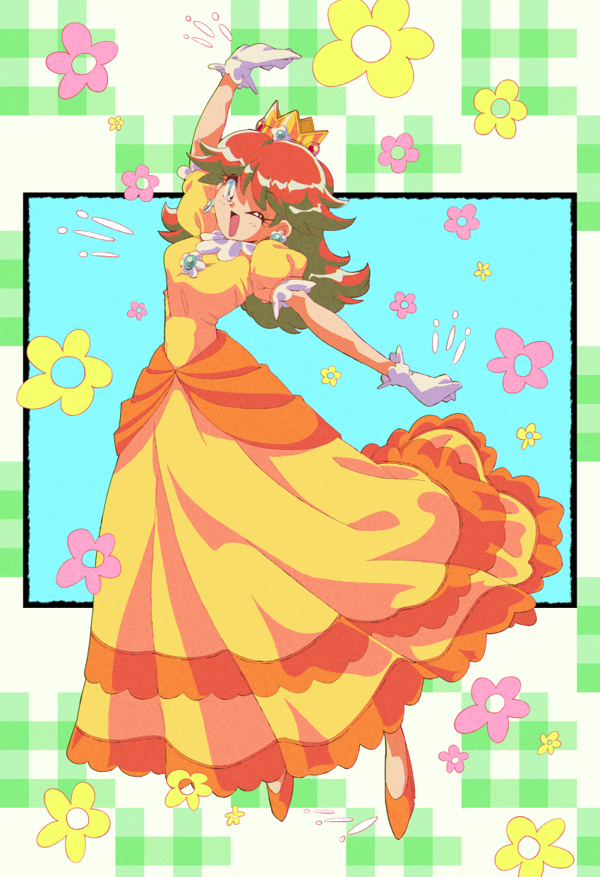 1990s_(style) 1girl :d absurdres breasts brown_hair crown dress earrings flower flower_earrings full_body gloves green_eyes hair_behind_ear highres jewelry long_dress looking_at_viewer medium_breasts one_eye_closed open_mouth orange_footwear pink_flower potiri02 princess_daisy retro_artstyle smile solo stretching super_mario_bros. white_gloves yellow_dress yellow_flower