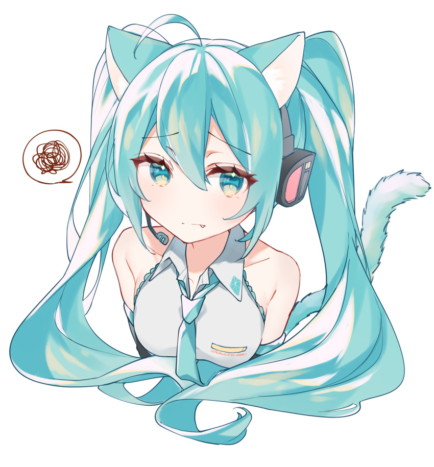 1girl :| ahoge animal_ears aqua_eyes aqua_hair armpit_crease arms_at_sides bare_shoulders blush breasts cat_ears cat_girl cat_tail closed_mouth collarbone collared_shirt cropped_torso drawing_kanon fang frilled_shirt frills hair_between_eyes hatsune_miku headset highres kemonomimi_mode long_hair looking_at_viewer microphone raised_eyebrows shirt sidelocks simple_background sleeveless sleeveless_shirt small_breasts solo spoken_squiggle squiggle tail twintails vocaloid white_background white_shirt