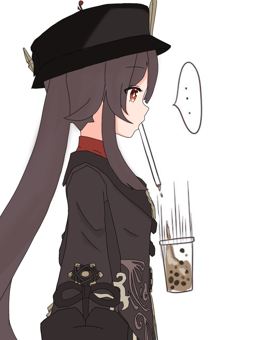 1girl amanekun908 archived_source black_headwear breasts bright_pupils brown_coat brown_hair bubble_tea bubble_tea_challenge coat coattails cup disposable_cup drink drinking drinking_straw drinking_straw_in_mouth expressionless failure flat_chest_joke flower-shaped_pupils from_side genshin_impact hat hat_tassel highres hu_tao_(genshin_impact) long_hair long_sleeves looking_to_the_side meme porkpie_hat profile red_eyes sidelocks simple_background small_breasts solo speech_bubble spoken_ellipsis symbol-shaped_pupils twintails upper_body very_long_hair white_background white_pupils