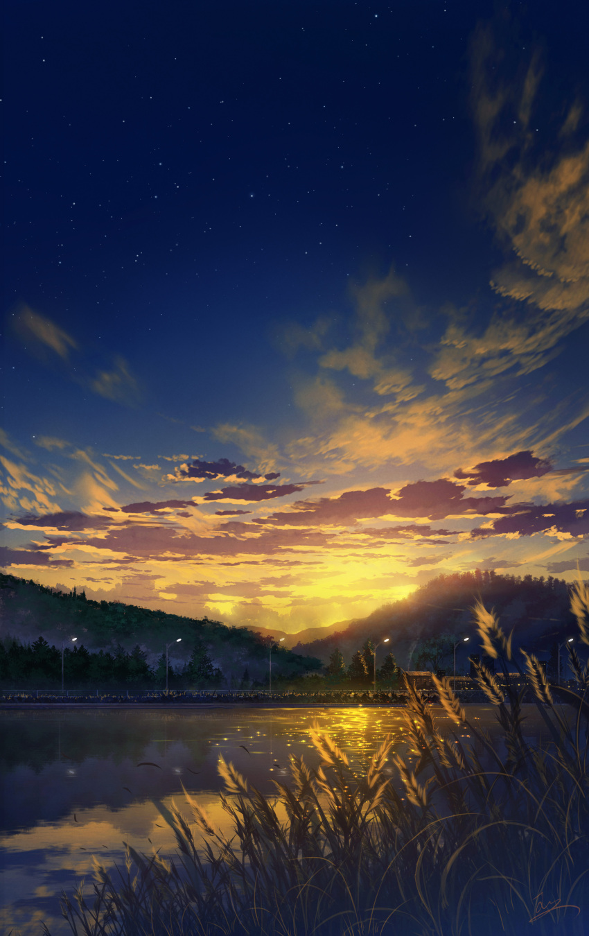 absurdres clouds evening falling_leaves grass highres lamppost landscape leaf mountainous_horizon nature night night_sky no_humans original outdoors reflection reflective_water river scenery sky skyrick9413 star_(sky) sunset