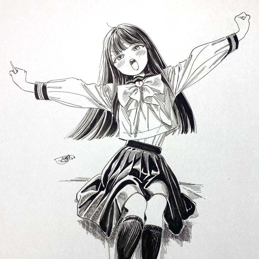 1girl :o akebi-chan_no_serafuku akebi_komichi blush bow clenched_hands greyscale highres hiro_(dismaless) kneehighs large_bow long_hair looking_at_viewer monochrome neckerchief nib_pen_(object) open_mouth outstretched_arms pen roubai_academy_school_uniform_(old) school_uniform serafuku signature sitting skirt socks solo spread_arms swept_bangs teeth traditional_media upper_teeth_only white_background
