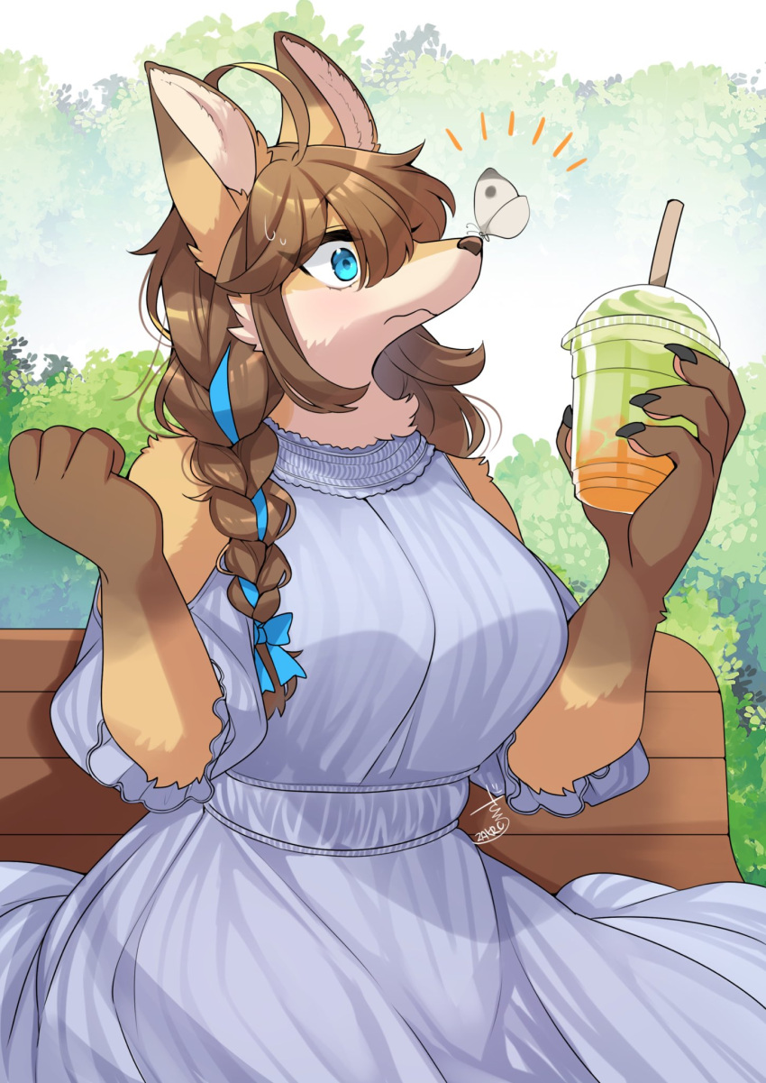 1girl animal_ears animal_nose bench blue_dress blue_eyes blue_hair body_fur breasts brown_fur brown_hair bug bush butterfly butterfly_on_nose commission cup dress drinking_straw fox_ears fox_girl furry furry_female highres holding holding_cup large_breasts multicolored_hair original outdoors signature sitting skeb_commission snout solo streaked_hair surprised zakro