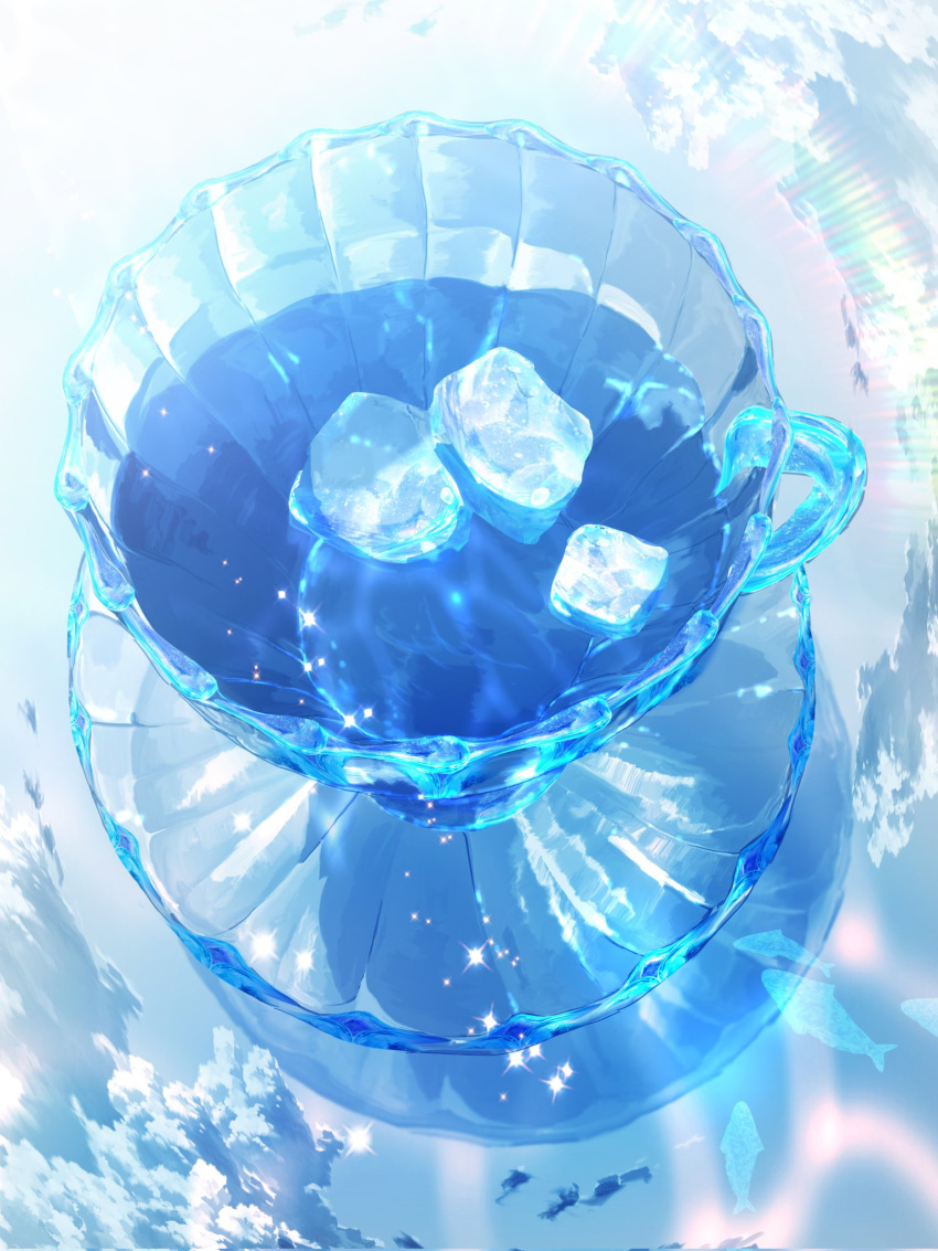 blue_theme caustics cup drink food_focus highres ice ice_cube makoron117117 no_humans original reflection saucer still_life teacup