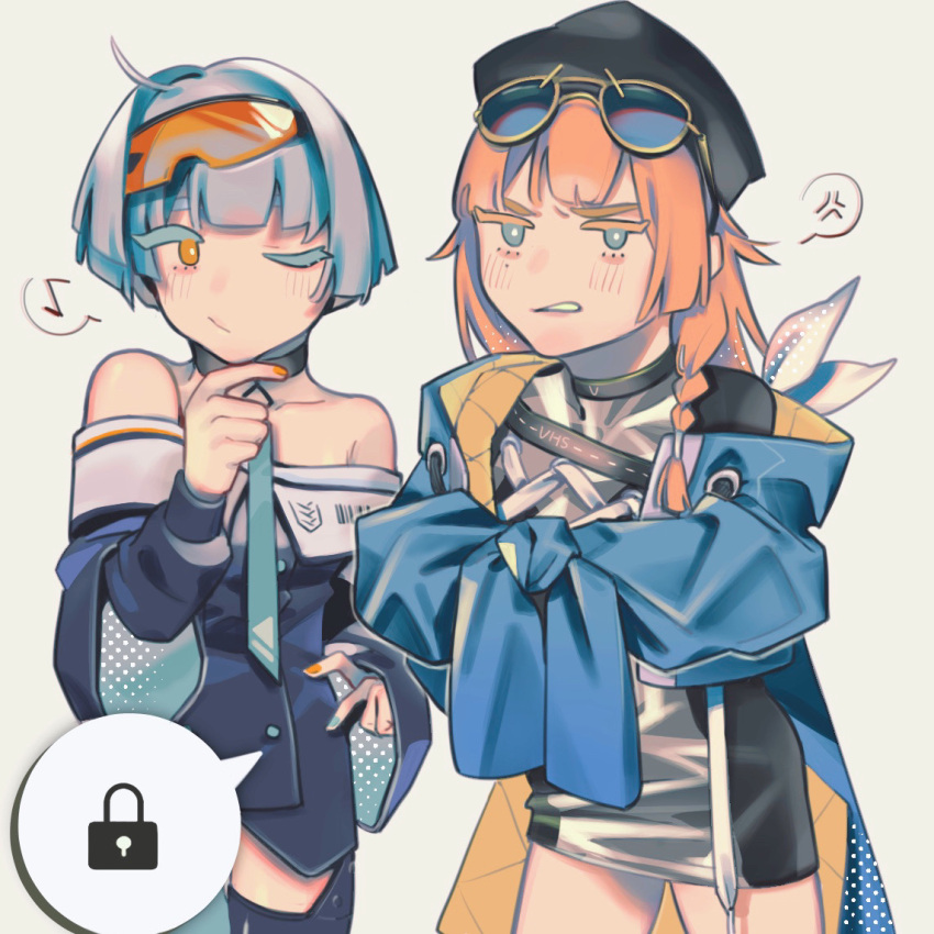 2girls ahoge anger_vein atria bare_shoulders blue-tinted_eyewear blue_eyes blue_hair braid character_name commentary cowboy_shot english_commentary eyewear_on_head frown girls_frontline jacket lock long_hair long_sleeves multiple_girls musical_note nail_polish one_eye_closed orange-tinted_eyewear orange_eyes orange_hair short_hair simple_background sleeves_past_fingers sleeves_past_wrists sleeves_tied_together spoken_anger_vein spoken_musical_note spoken_symbol tinted_eyewear vhs_(girls'_frontline) zas_m21_(girls'_frontline)
